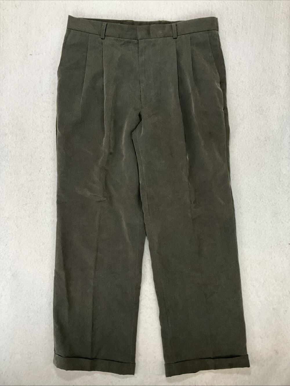 VTG Perry Ellis Men’s Relaxed Loose Gray Olive Pleated Cuffed Dress Pants 36x30